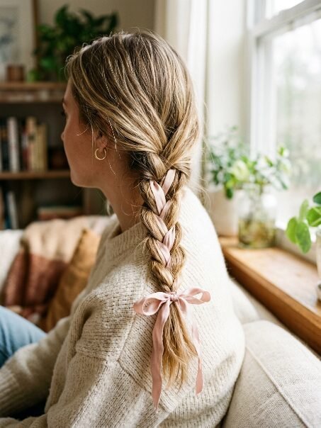 Close up of a blonde woman wearing a loose braid woven with a soft pink bow tied at the bottom.