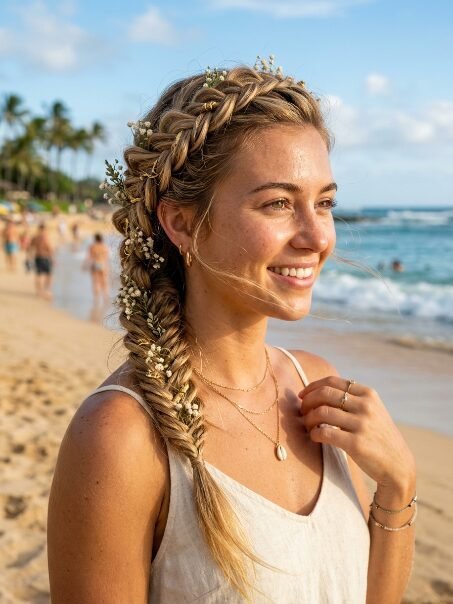 A smiling woman with a fishtail braid adorned with baby's breath flowers standing on a sandy shore.