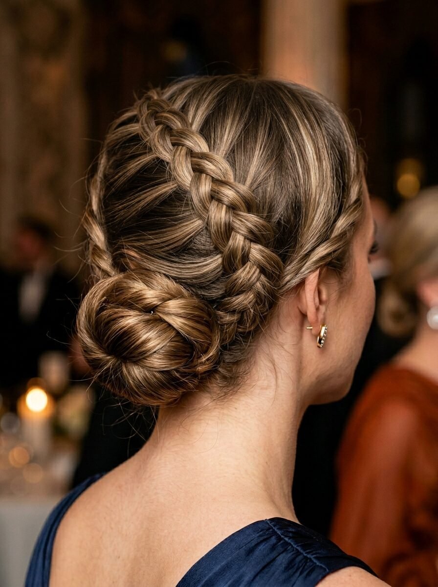 Close-up back view of a woman with highlighted blonde hair styled in a braided bun with side plaits.