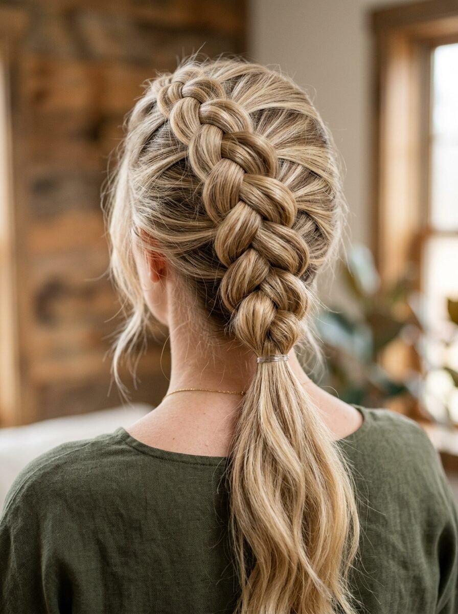Close up of a blonde woman wearing her hair in a thick braided ponytail hairstyle.