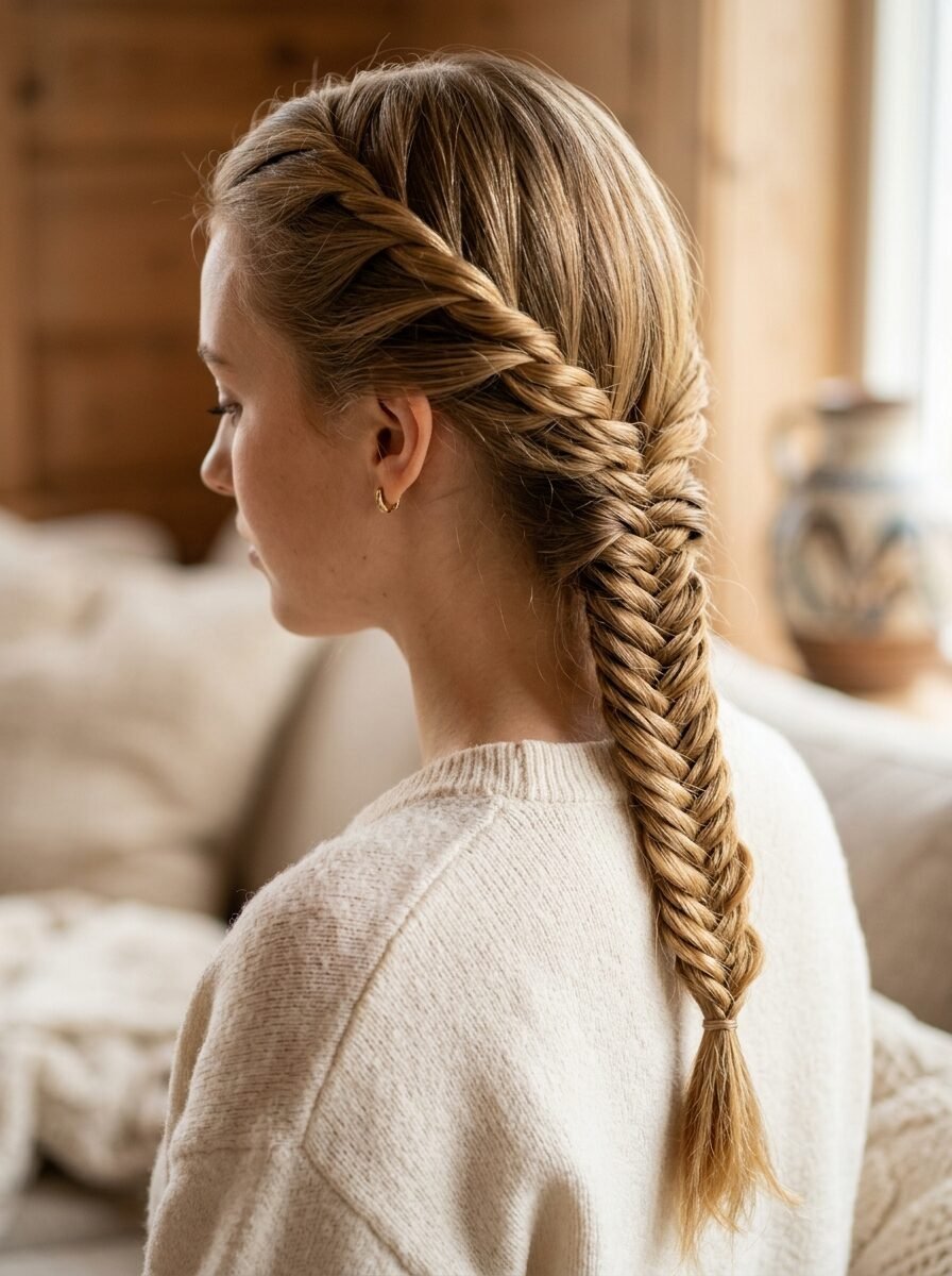 Side view of a person with long blonde hair styled into a tight, intricate fishtail braid.