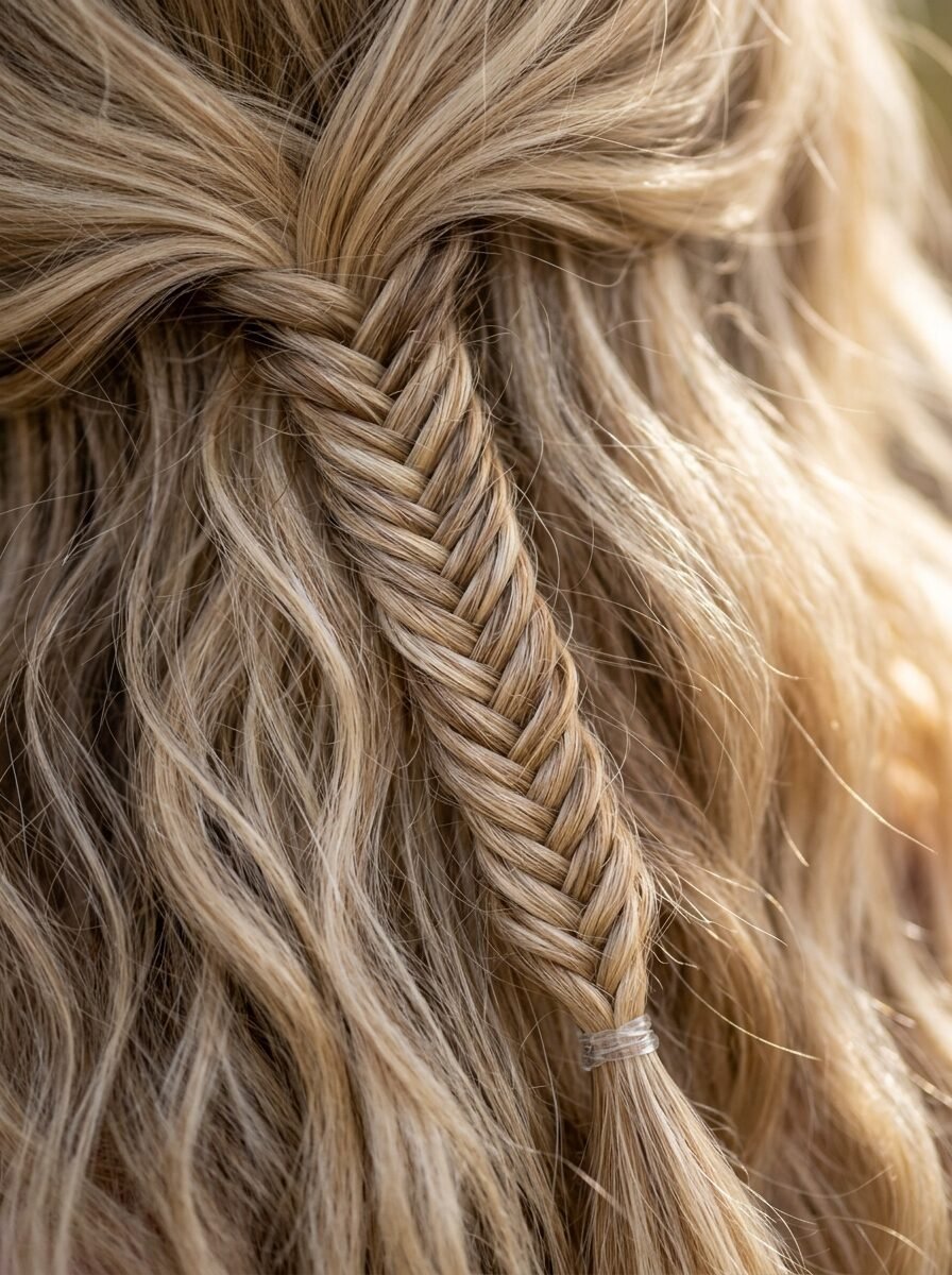 Back view of wavy blonde hair styled in a center fishtail braid secured with a clear elastic band.