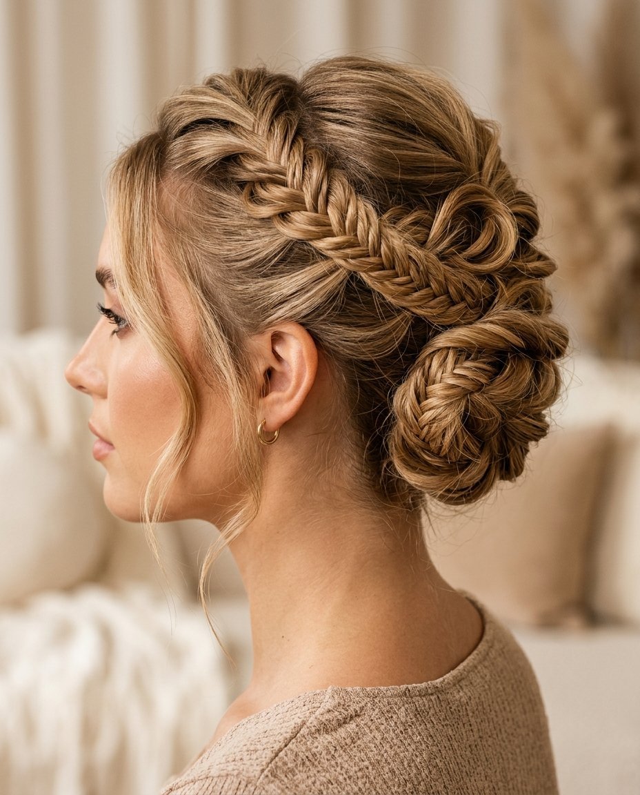 Close up of a blonde woman wearing a complex fishtail braid updo style with face framing strands.