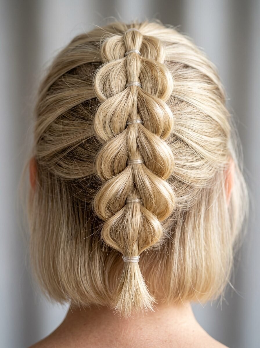 Back view of blonde hair styled into a segmented bubble braid using clear elastic bands.