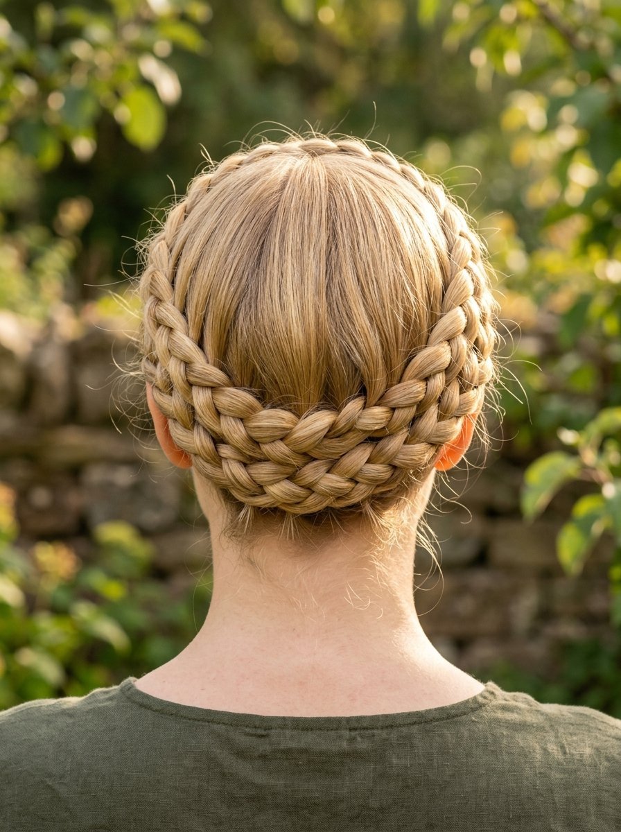 Back view of a blonde woman with her hair styled in a double halo braid set against a garden background.