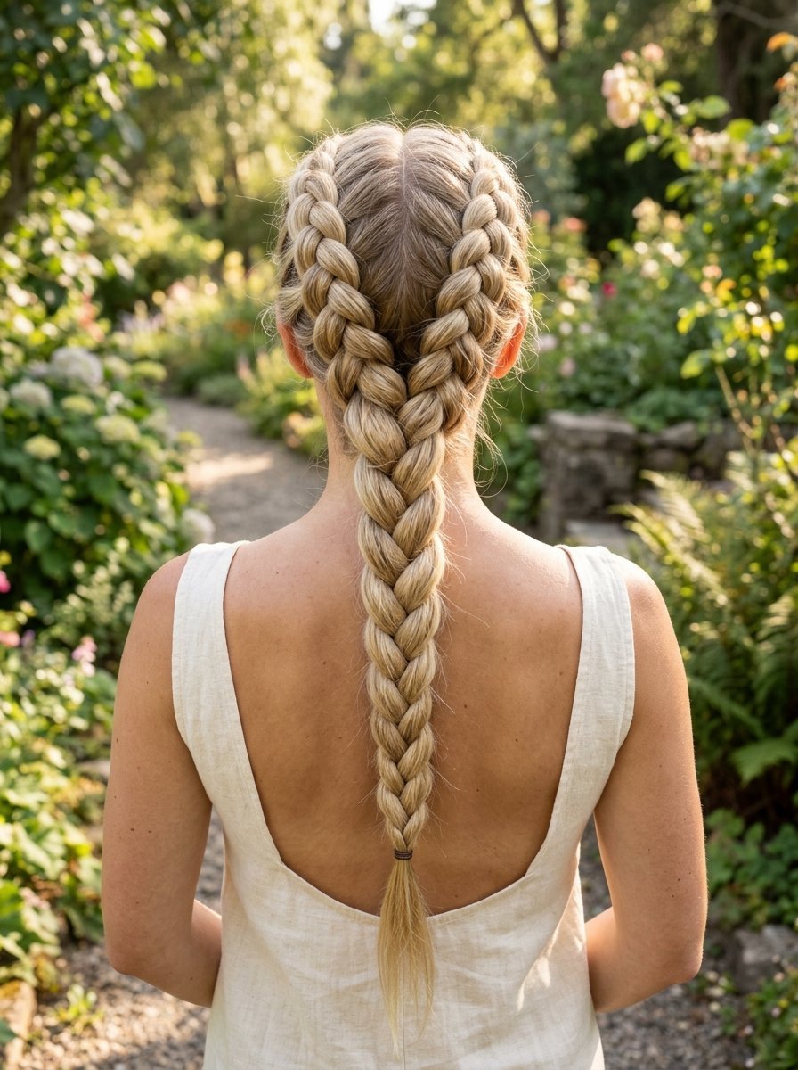 Back view of a woman wearing a white dress with dual Dutch braids merging into a single plait in a lush garden.