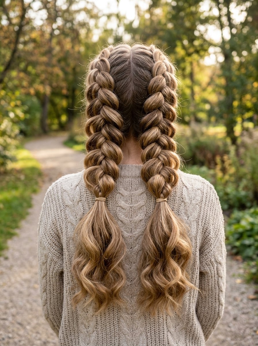 Back view of a person with wavy blonde hair in dual braids wearing a beige cable knit sweater in a park.
