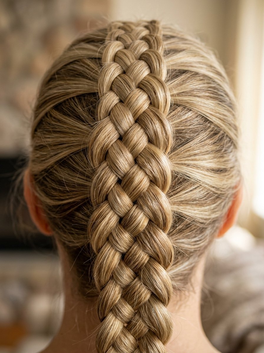 Rear view of a person with long blonde hair featuring a thick, detailed woven Dutch braid down the center.