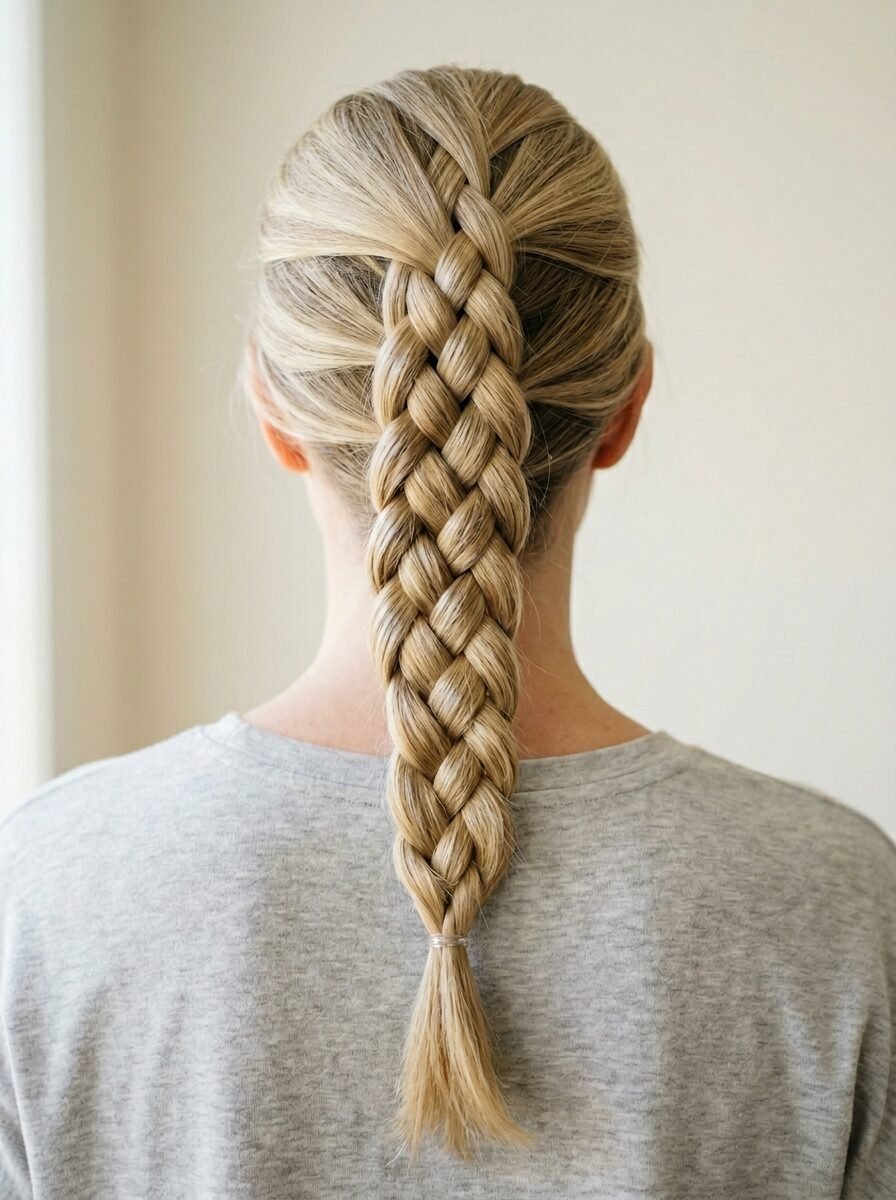 Back view of a woman with blonde hair styled in a tight, neat Dutch braid ending in a small clear elastic.