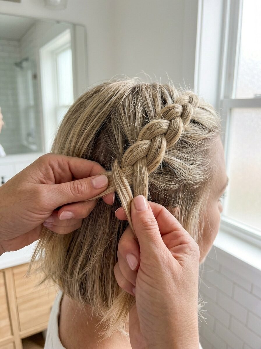 Stylist hands weaving a French braid into short blonde hair near a bathroom window.