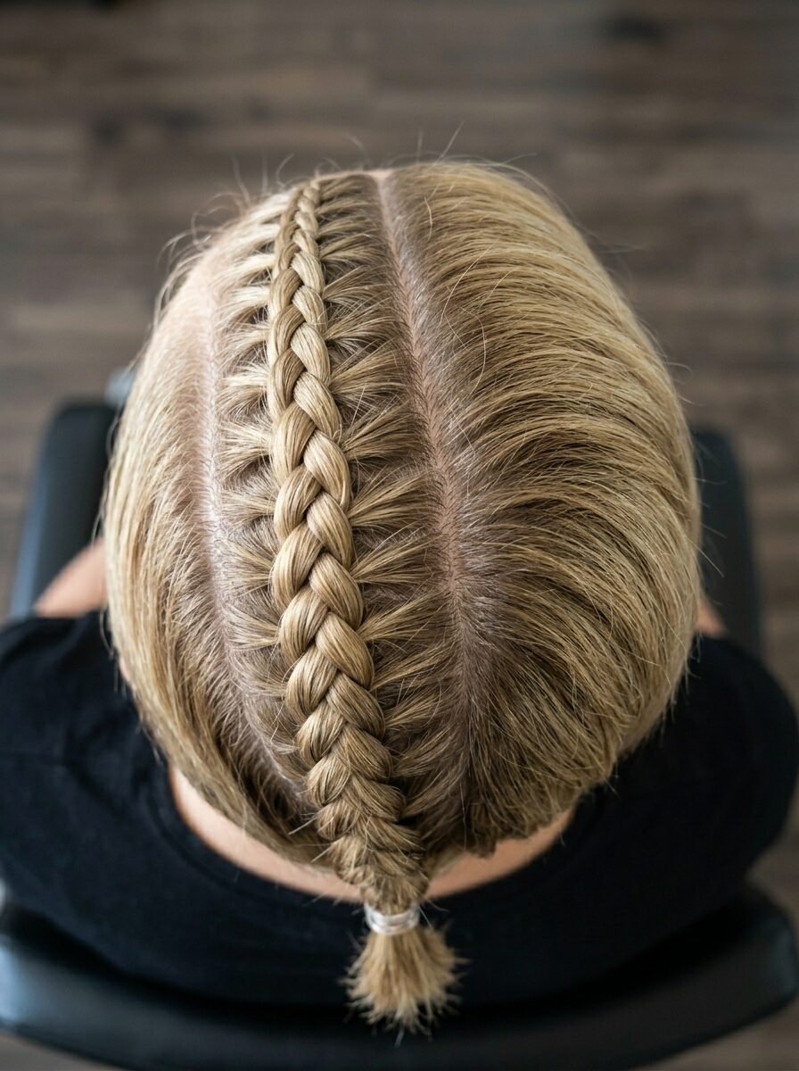 Top down view of blonde hair styled in a center dutch braid secured with a hair tie.