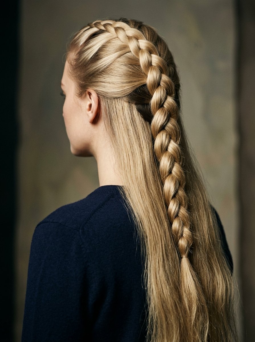 Blonde hair styled in a French braid that starts at the crown and flows into loose hair at the back.
