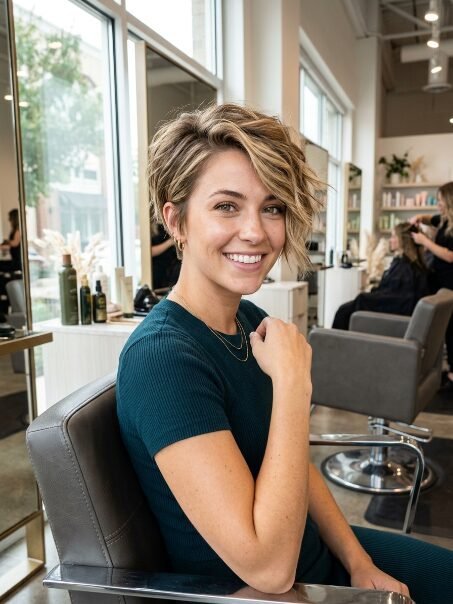 Smiling woman in a teal shirt with a short layered blonde haircut sitting in a professional hair salon chair.