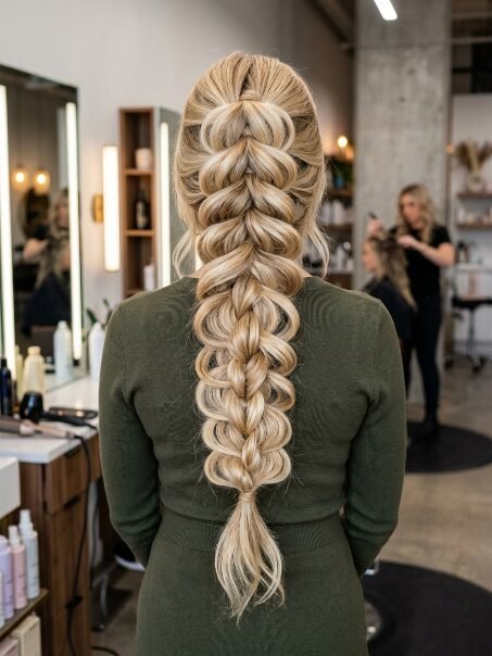A woman with long blonde hair seen from behind wearing an intricate, thick braided hairstyle in a salon.