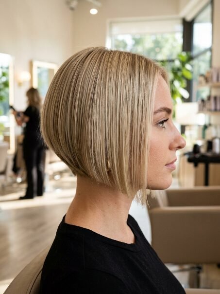 Profile view of a woman with a straight, chin-length blonde bob hairstyle.