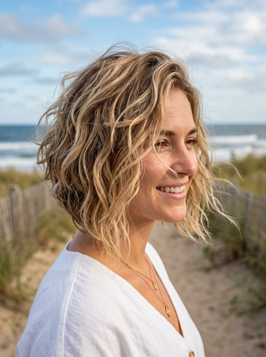 Side profile of a woman with textured blonde hair standing on a coastal dune path with the ocean in the background.