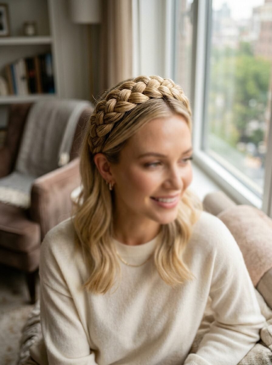 Close-up of a blonde woman with a thick, textured braided headband hairstyle near a bright window.