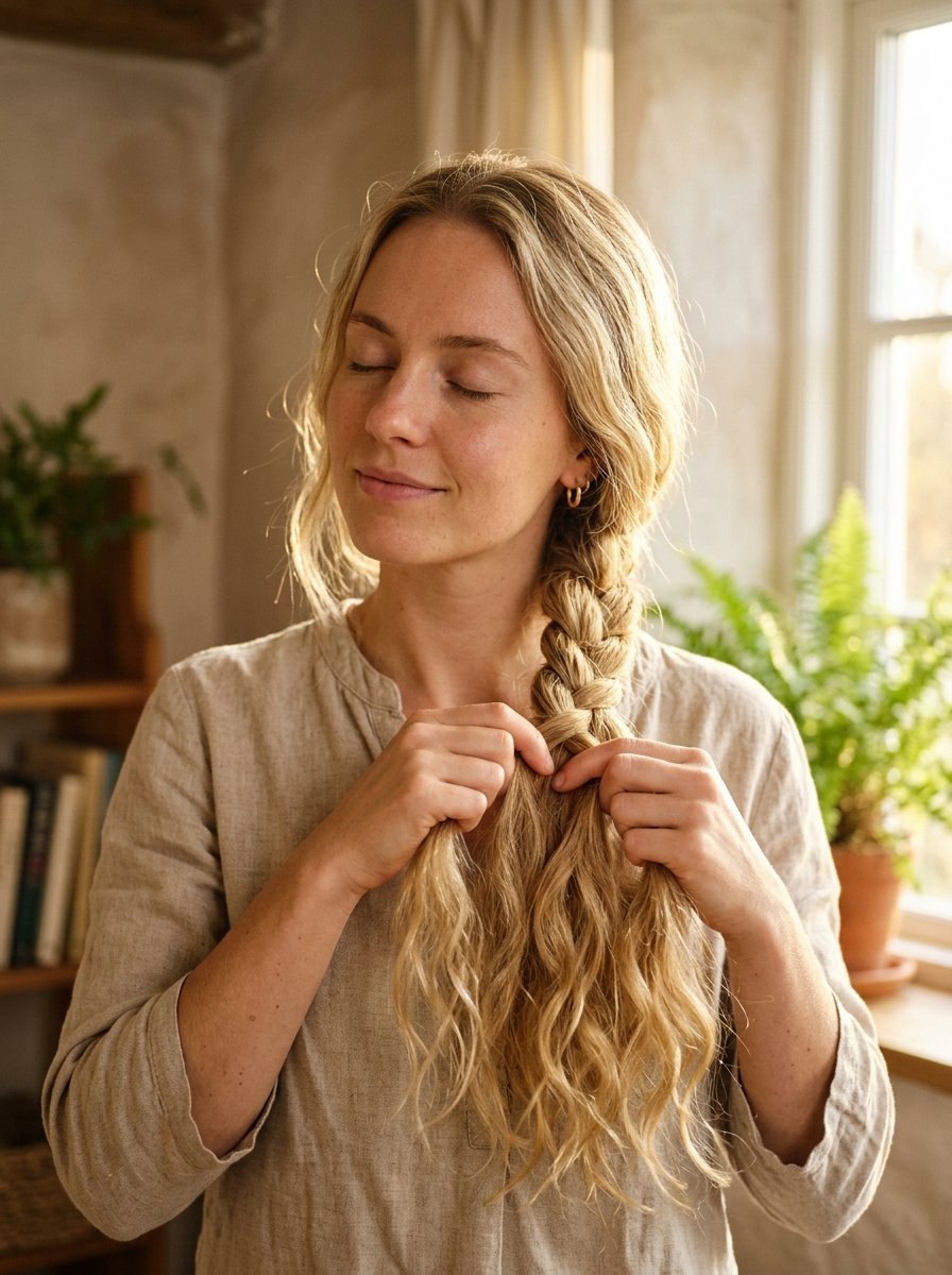 A calm woman wearing a beige linen top braids her wavy blonde hair by a window with a green plant.
