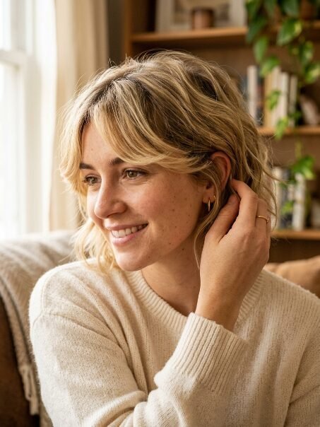 Portrait of a blonde woman with layered haircut and curtain bangs, touching her hair while smiling.