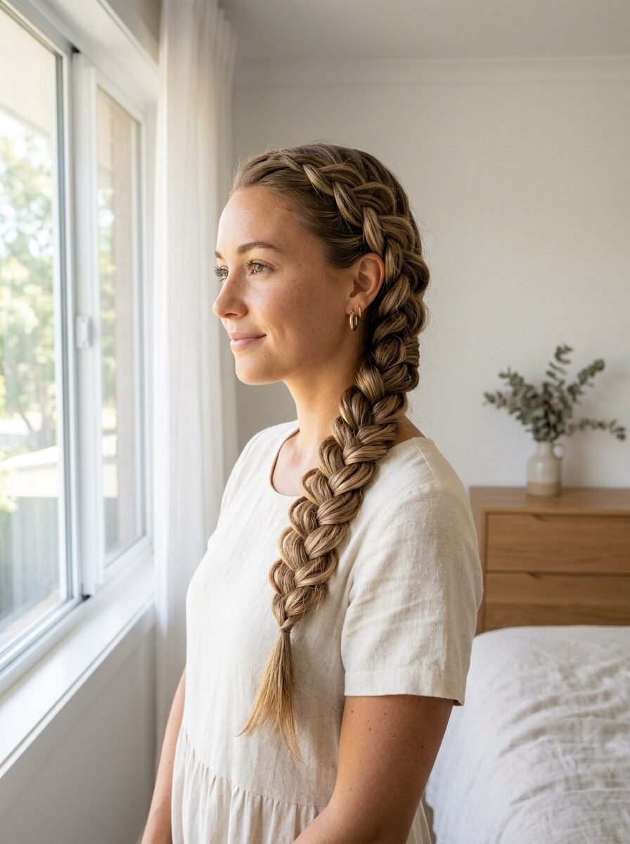 Profile view of a woman wearing a long, thick French braid in her blonde hair while standing near a bright window.