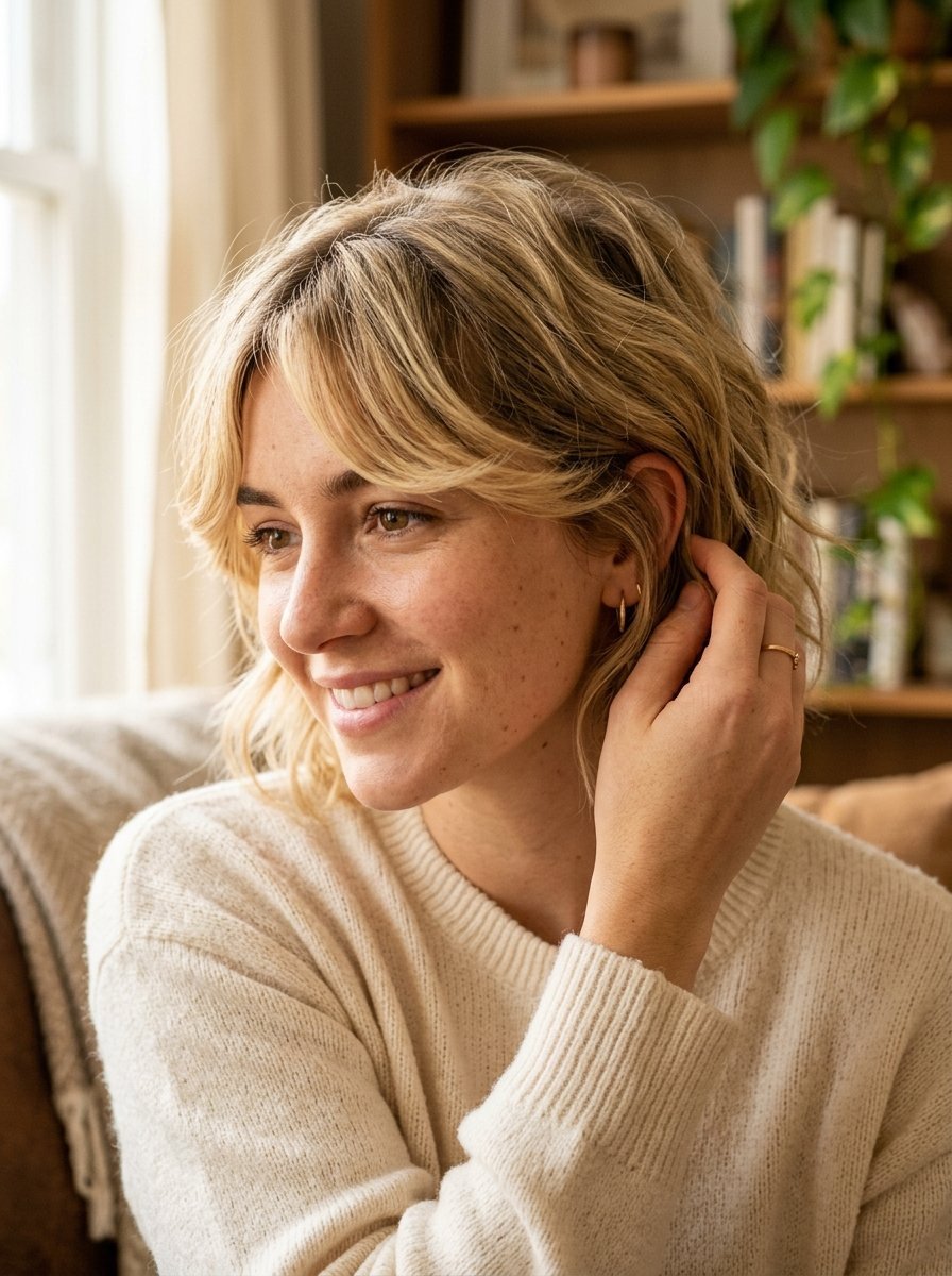 Portrait of a smiling woman with a blonde shag haircut tucked behind her ear while sitting in a bright room.