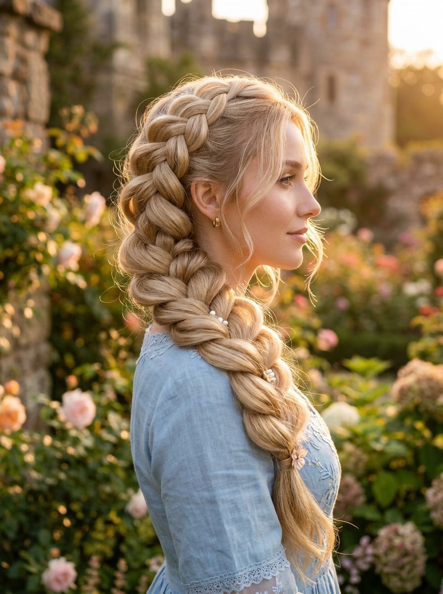 Profile view of a woman with golden blonde hair styled in a thick side braid accented with small floral hair clips.