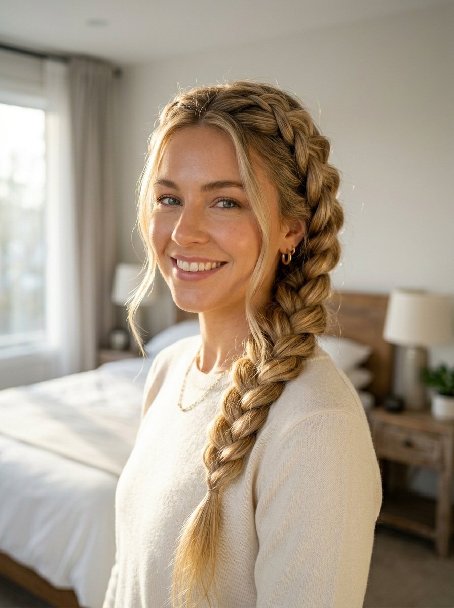 Portrait of a blonde woman wearing a cream sweater with a side-swept Dutch braid hairstyle.