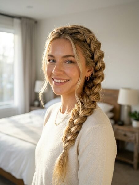 Close up of a blonde woman wearing a thick side braid standing in a sunlit bedroom.
