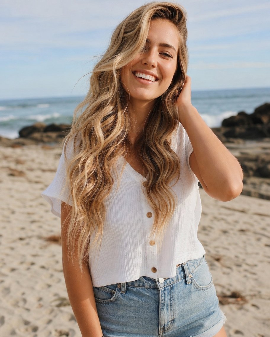 Portrait of a smiling woman with long wavy blonde hair wearing a white shirt and denim shorts at the beach.