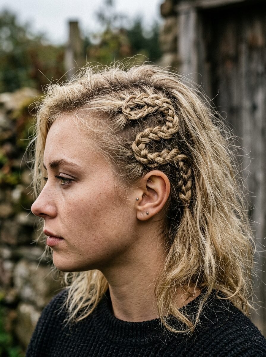 Close-up profile of a woman with messy blonde hair and a decorative snake-like braid above her ear.