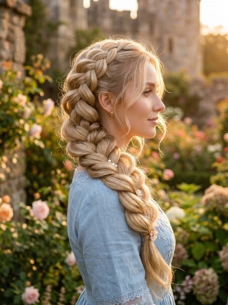 Profile view of a blonde woman wearing a large, loose braided hairstyle against a soft-focus flower garden.