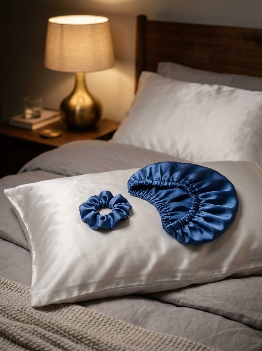 A navy blue satin sleep cap and hair tie resting on top of a smooth white silk pillowcase on a bed.