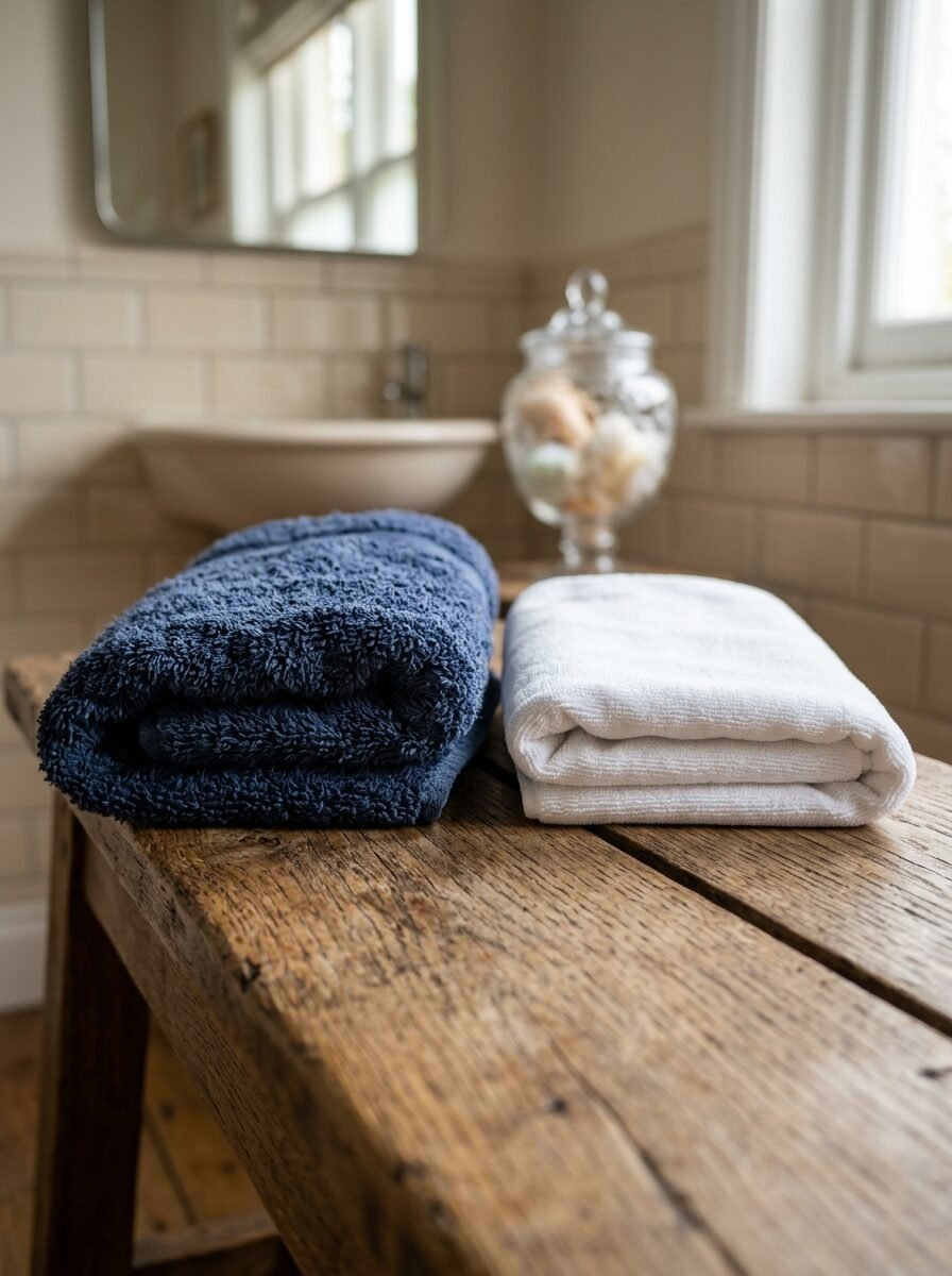 A navy blue and a clean white bath towel stacked neatly on top of a weathered wood bench in a tiled bathroom.