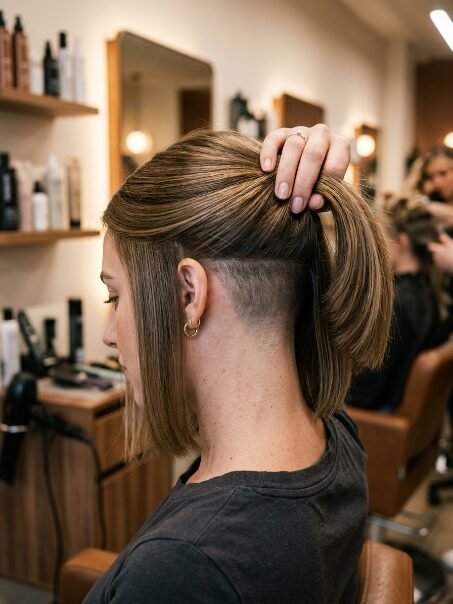 Close-up profile of a person with a short brown bob hairstyle revealing a buzzed undercut section at the back.