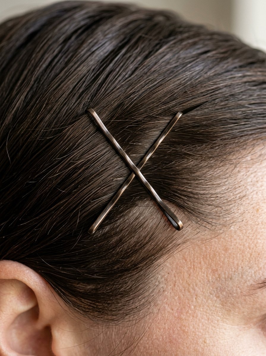 Close up of two metal hair pins crisscrossed over dark, smooth hair.