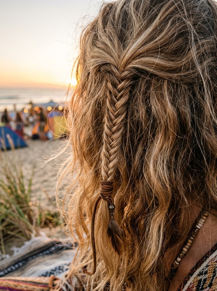 Close-up of blonde wavy hair featuring a fishtail braid with a leather cord and feather charm at the beach.