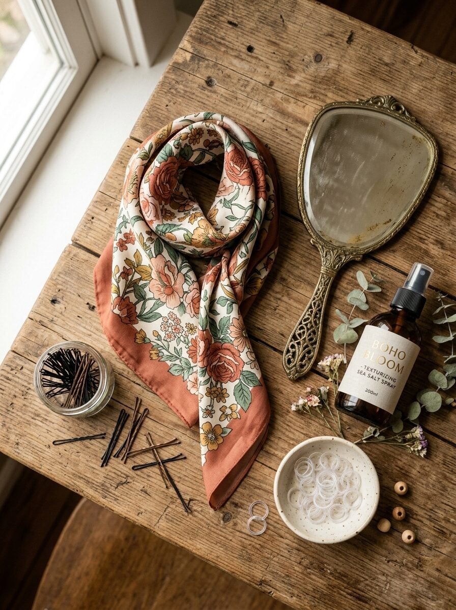 A rustic wood surface with a floral scarf, vintage hand mirror, sea salt spray, bobby pins, and hair ties.