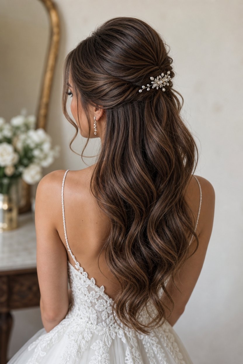 A bride showing off her long brown wavy hair styled in a half-up look with a delicate floral pearl accessory.