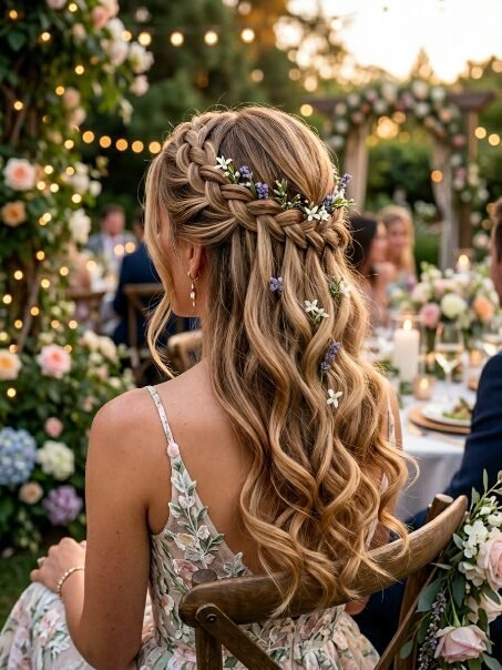 Close-up back view of a woman with long blonde wavy hair styled in a braid decorated with small white and purple flowers.