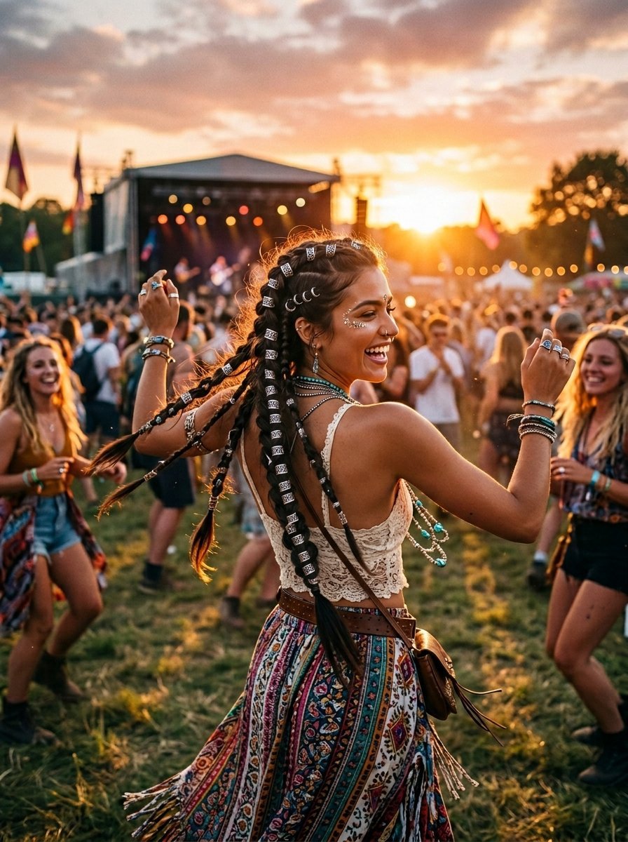 Woman with braided hair and bohemian clothing dancing joyfully in a large crowd at an outdoor summer music concert.