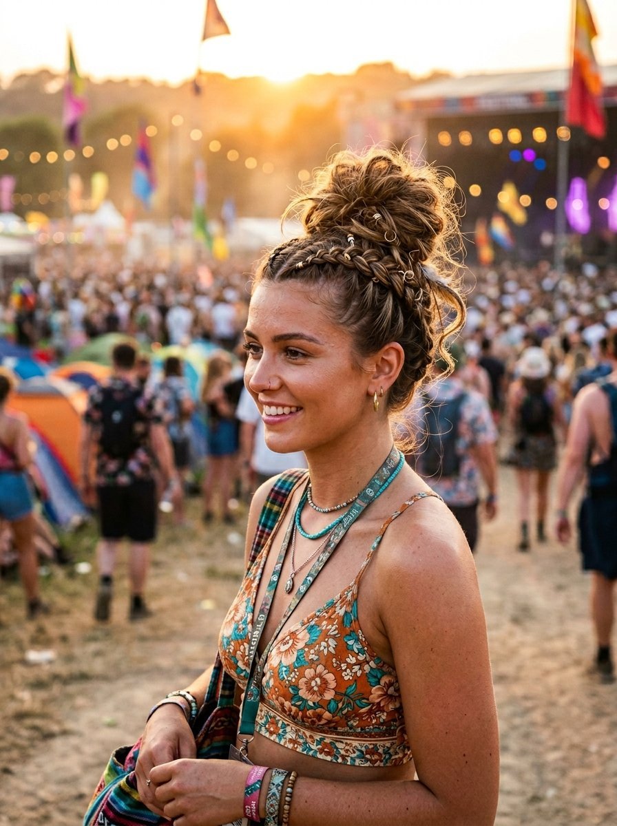 Portrait of a smiling woman with braided hair and floral crop top at an outdoor music festival during sunset.