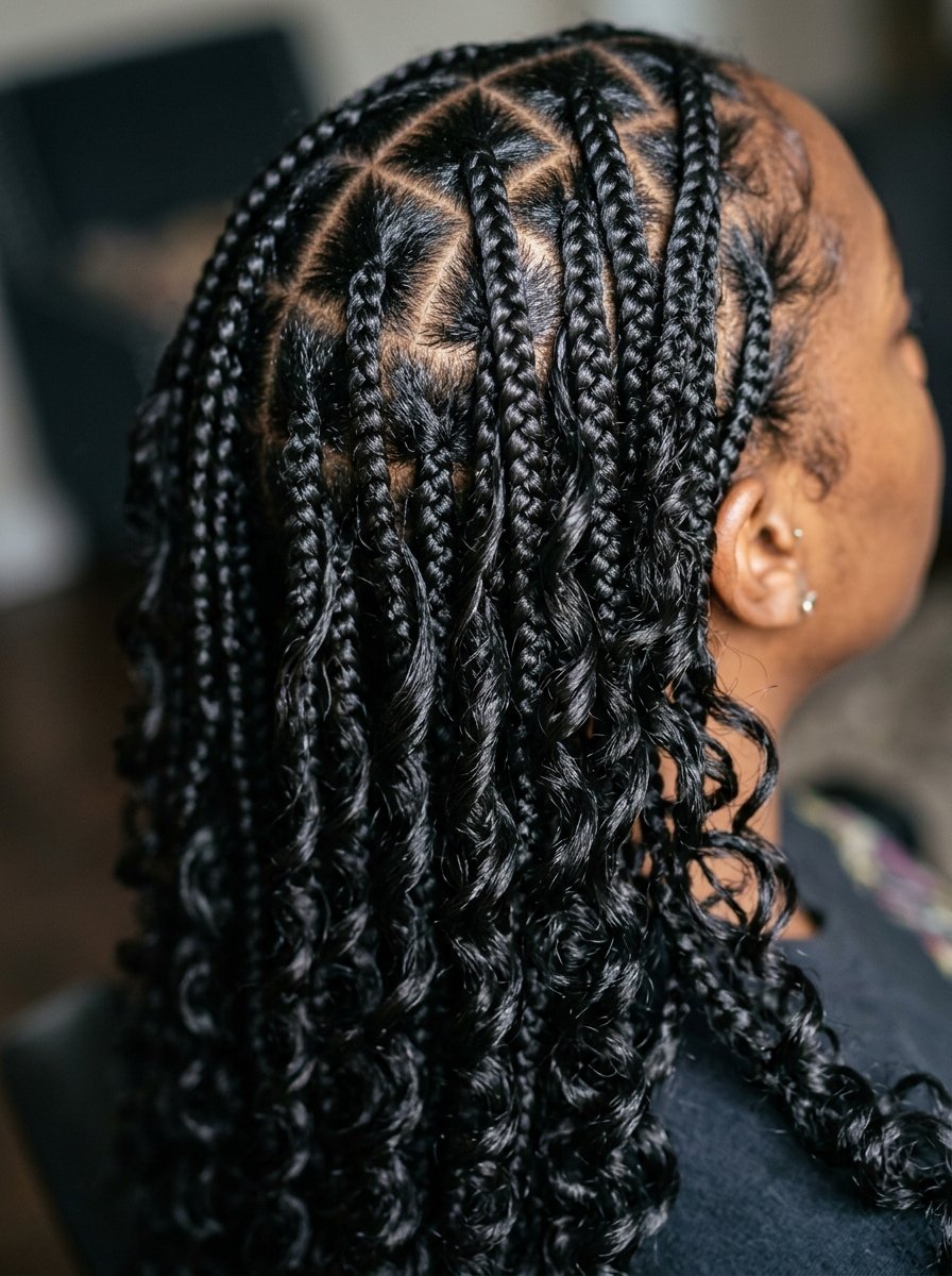 Close-up of a person with neatly sectioned box braids transitioning into flowing curly hair ends.