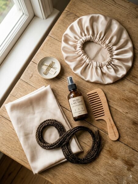 Satin bonnet, wooden comb, braid mist, and hair clips arranged on a rustic wooden table.