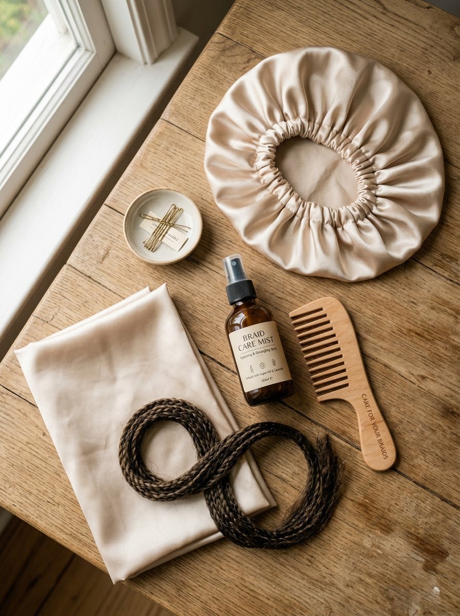 A flatlay of a silk bonnet, braid mist spray, wooden comb, hair pins, and a single braid on a wooden table.