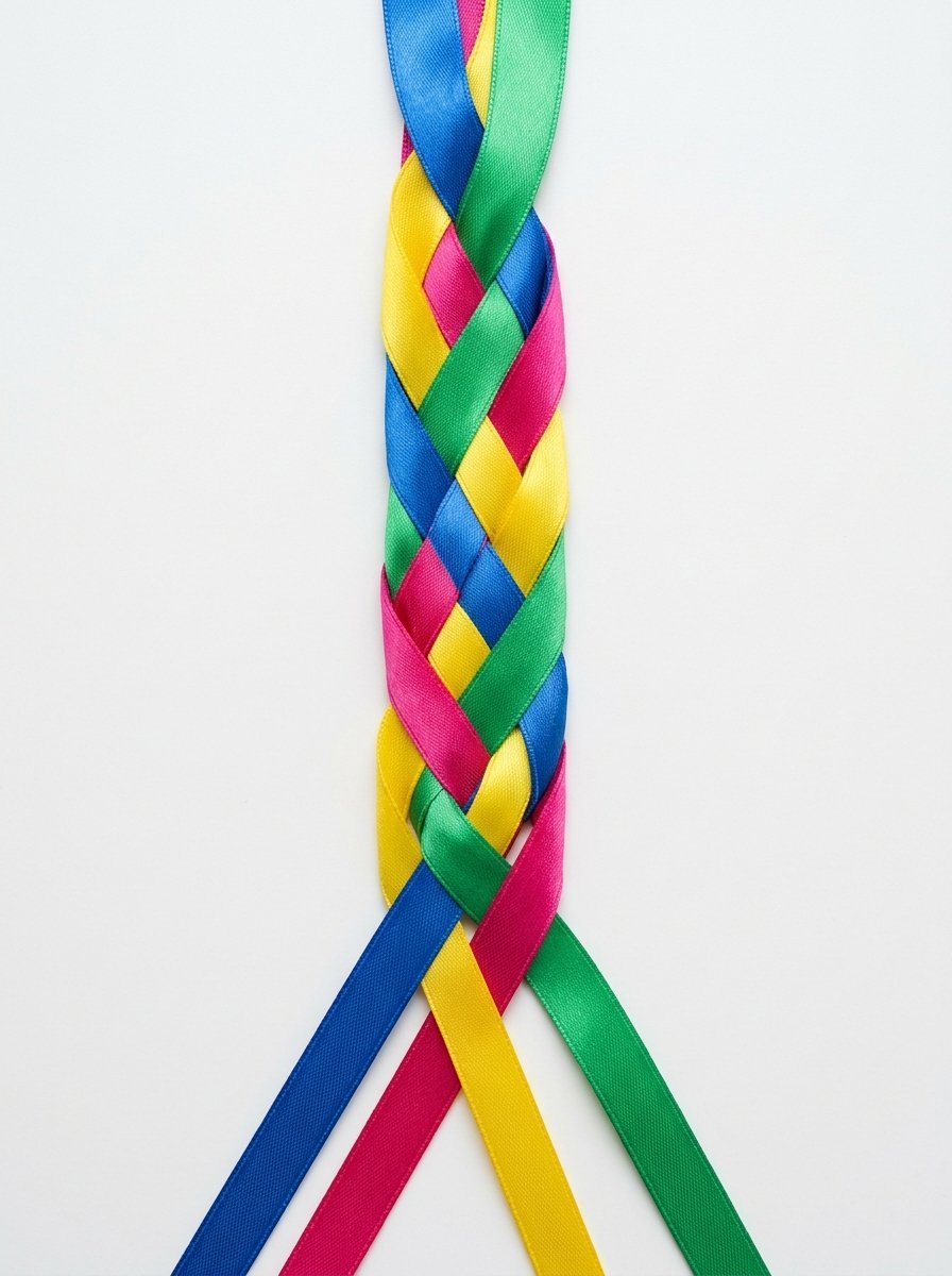 Four multi-colored silk ribbons interwoven together against a plain white background.