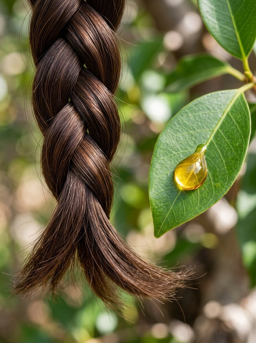 Shiny dark brown braided hair positioned next to a green leaf with a golden liquid drop.