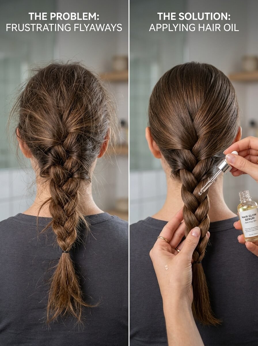 Comparison of a frizzy braided ponytail and a smooth, treated braid with hair serum being applied by a dropper.