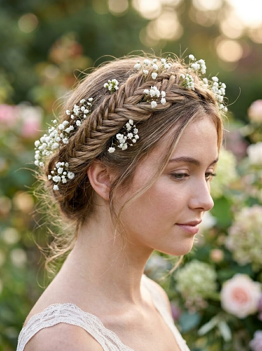 Close up of a blonde bride with a fishtail crown braid decorated with sprigs of baby's breath.
