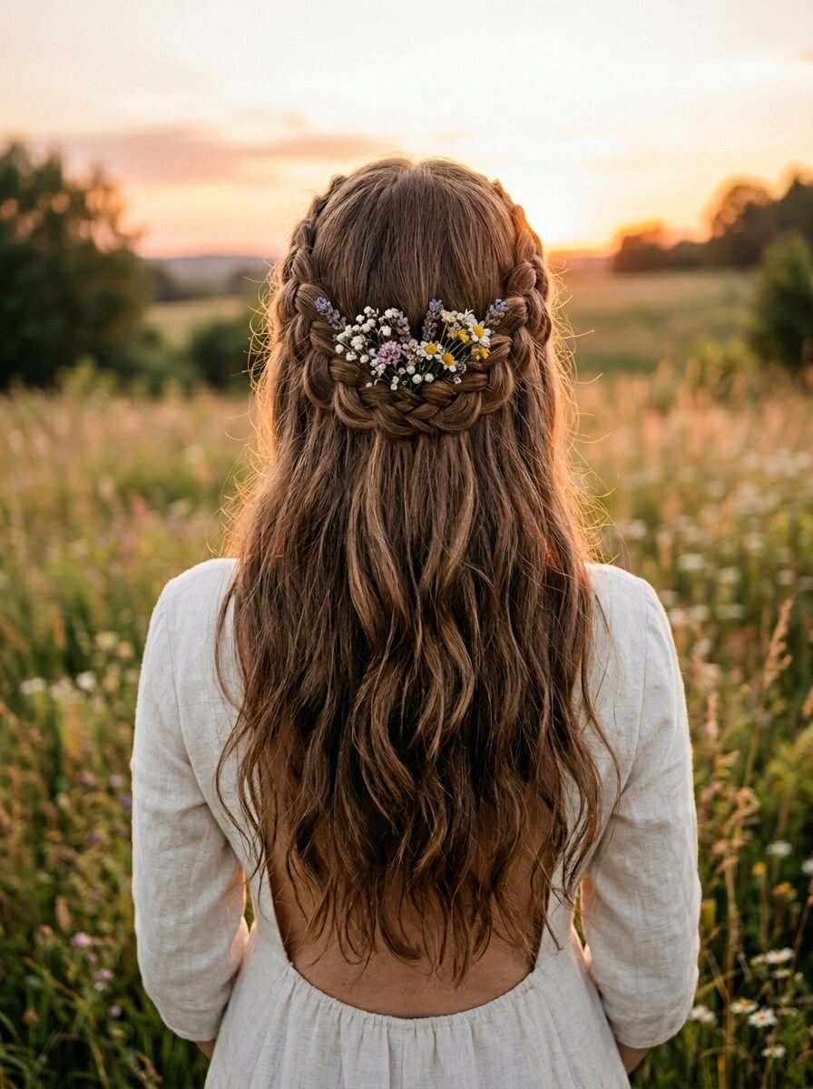 Rear view of long wavy brown hair in a braided crown decorated with small meadow flowers at sunset.