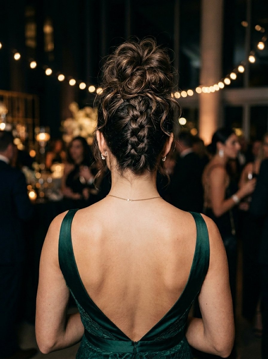 Back view of a woman with a braided top knot hairstyle wearing a sleeveless deep green dress at an evening event.